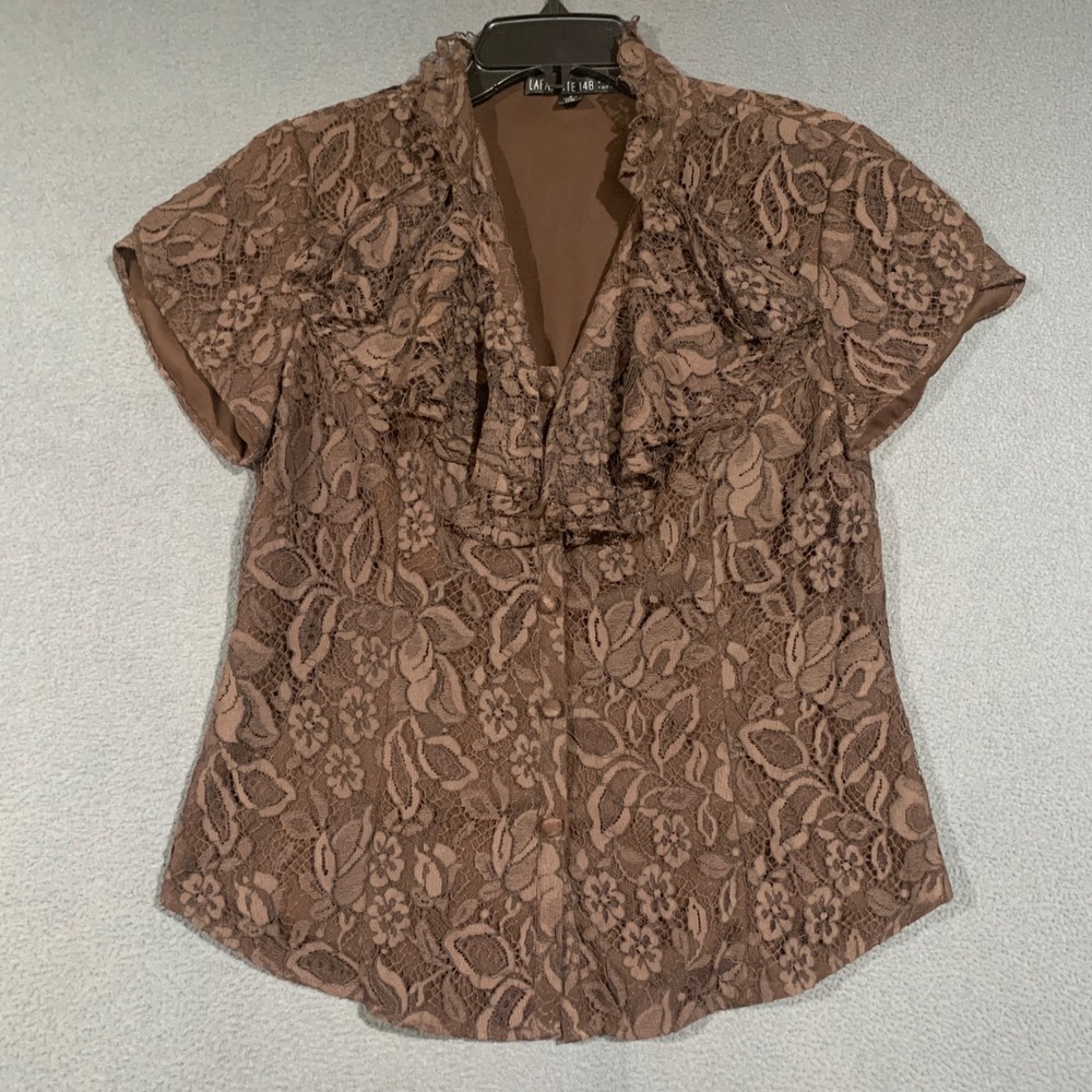 Lafayette 148 Blouse Womens 4 Brown Floral Lace Ruffle V-Neck Short Sleeve Top